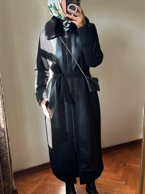 Kürklü ve Deri Detaylı Kap 1600 Siyah