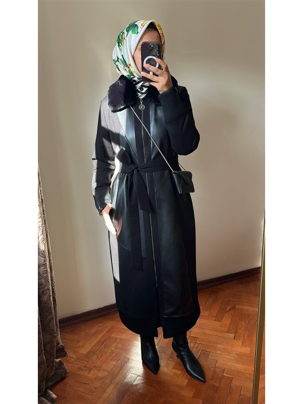 Kürklü ve Deri Detaylı Kap 1600 Siyah