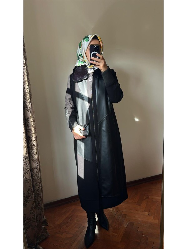 Kürklü ve Deri Detaylı Kap 1600 Siyah