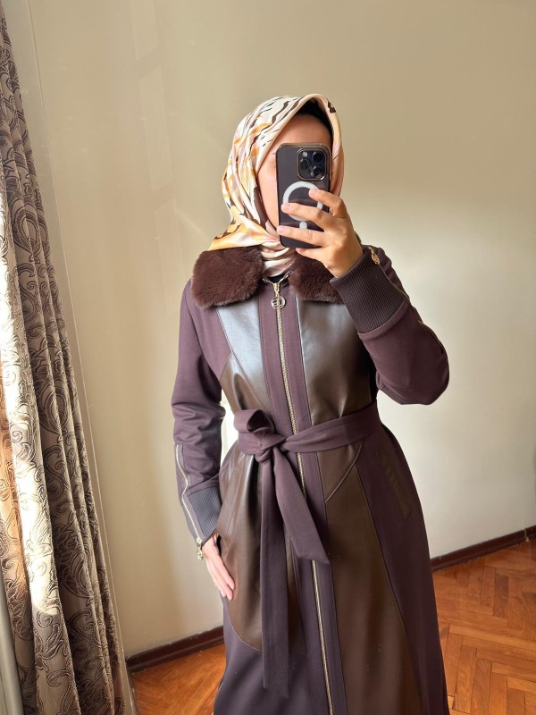 Kürklü ve Deri Detaylı Kap 1600 Kahve