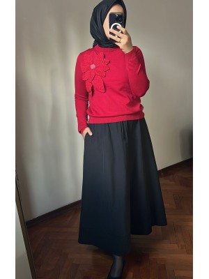 Çiçek Detaylı Kazak Kırmızı