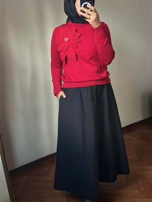 Çiçek Detaylı Kazak Kırmızı