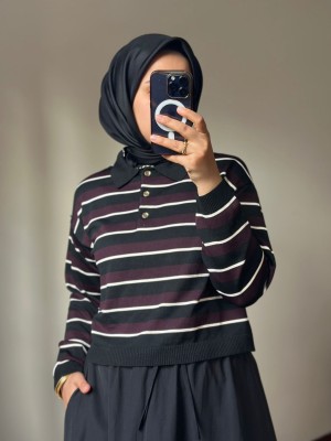Çizgili Polo Yaka Kazak Siyah