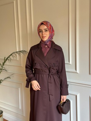 Nakış İşlemeli Tasarım Trençkot Mürdüm
