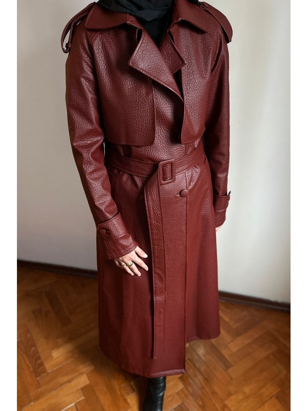 Deri Trençkot Bordo
