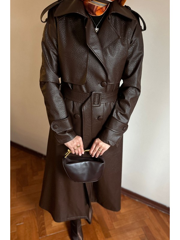 Deri Trençkot Kahverengi