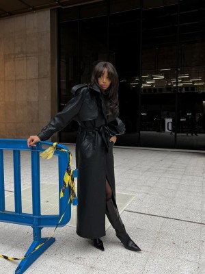 Deri Trençkot Siyah