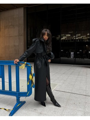 Deri Trençkot Siyah