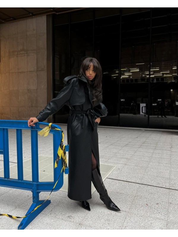 Deri Trençkot Siyah