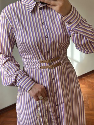 Exquise Kemerli Çizgili Elbise Lila