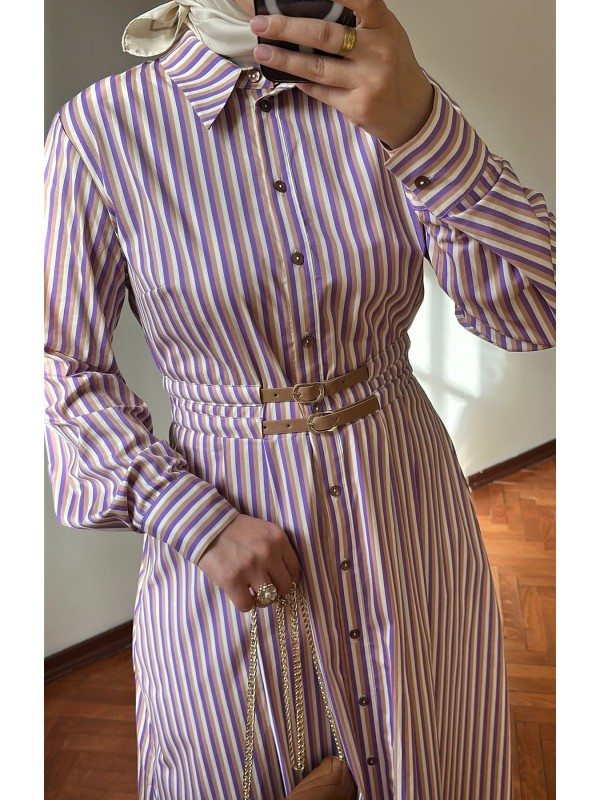 EQUISE Kemerli Çizgili Elbise Lila