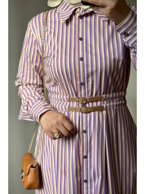 EQUISE Kemerli Çizgili Elbise Lila