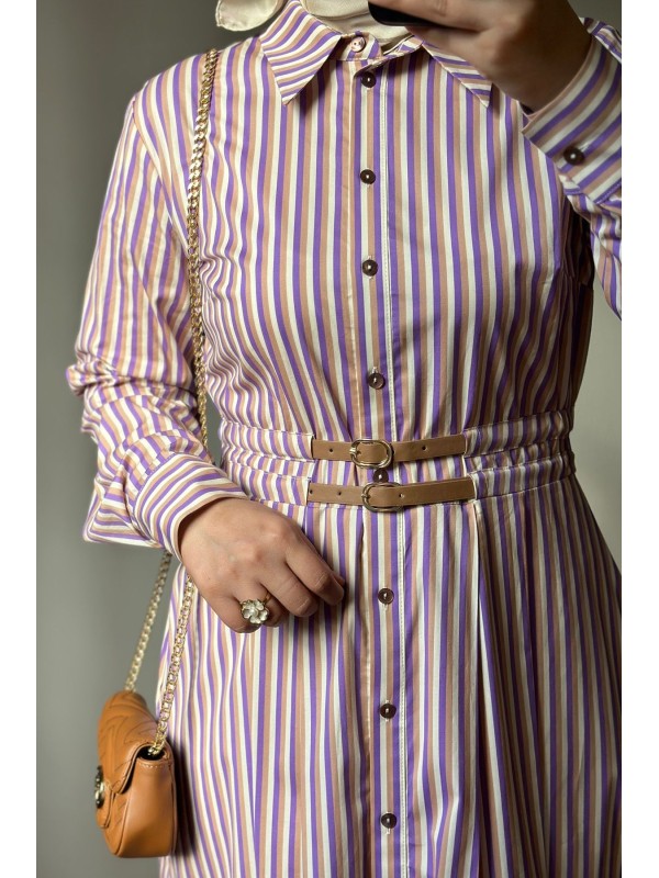 EQUISE Kemerli Çizgili Elbise Lila