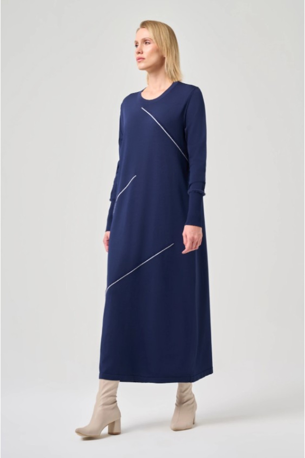 Şerit Detaylı Rayon Elbise Lacivert