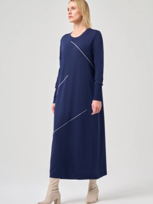 Şerit Detaylı Rayon Elbise Lacivert