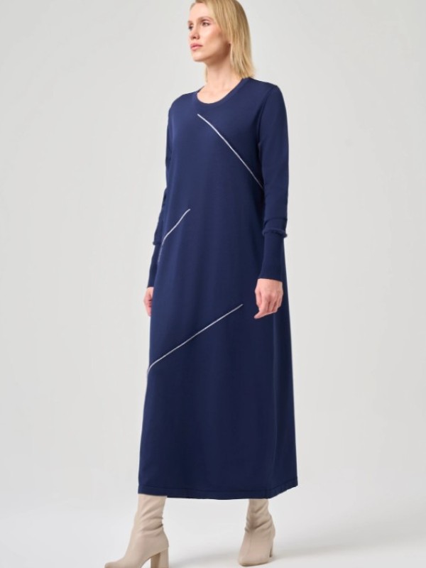 Şerit Detaylı Rayon Elbise Lacivert