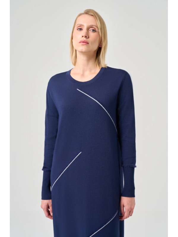 Şerit Detaylı Rayon Elbise Lacivert