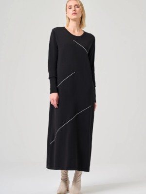 Şerit Detaylı Rayon Elbise Siyah