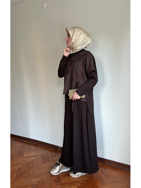 File Detaylı Spor Elbise Kahverengi