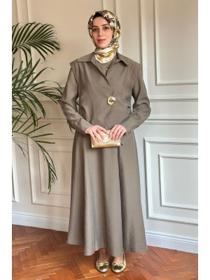 Broş Detaylı Üçlü Takım Haki