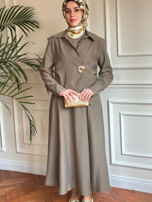 Broş Detaylı Üçlü Takım Haki