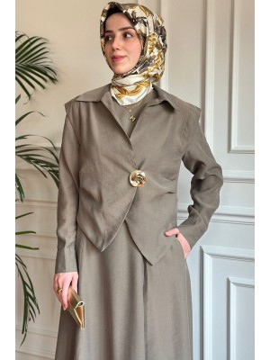 Broş Detaylı Üçlü Takım Haki