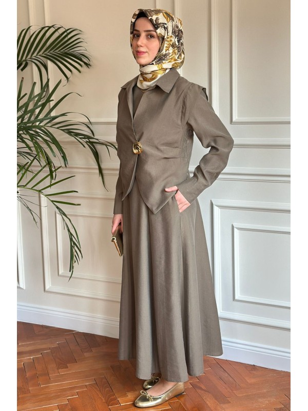 Broş Detaylı Üçlü Takım Haki