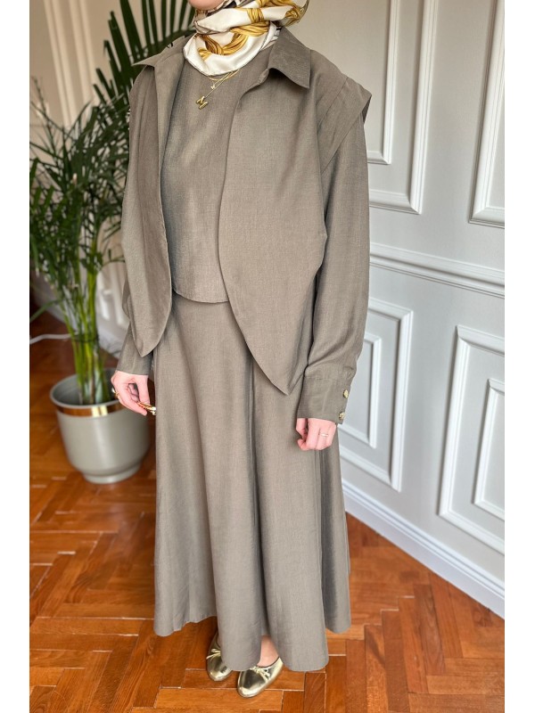 Broş Detaylı Üçlü Takım Haki