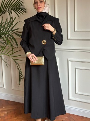 Broş Detaylı Üçlü Takım Siyah