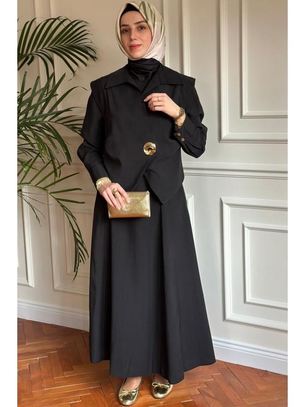 Broş Detaylı Üçlü Takım Siyah