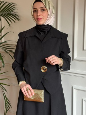 Broş Detaylı Üçlü Takım Siyah