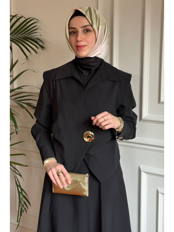 Broş Detaylı Üçlü Takım Siyah