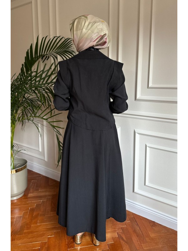 Broş Detaylı Üçlü Takım Siyah