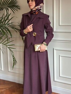 Broş Detaylı Üçlü Takım Mürdüm