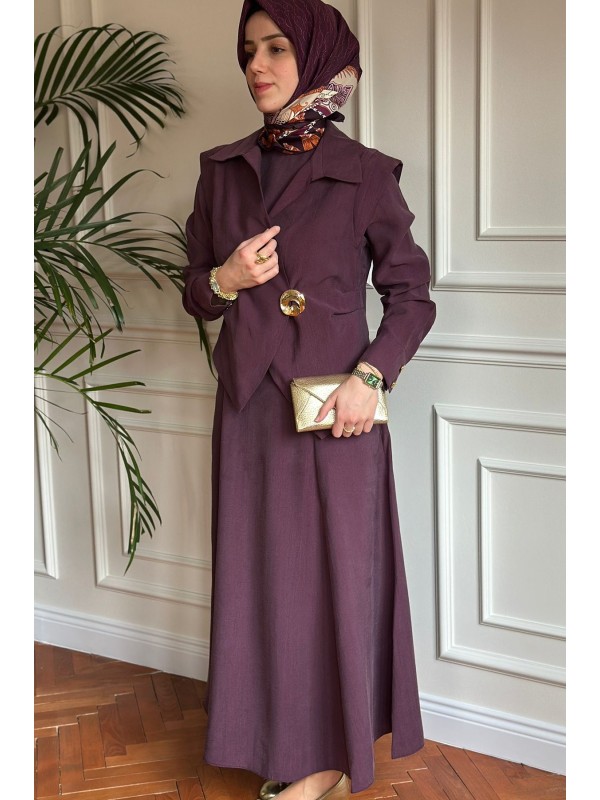 Broş Detaylı Üçlü Takım Mürdüm