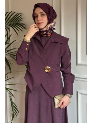 Broş Detaylı Üçlü Takım Mürdüm