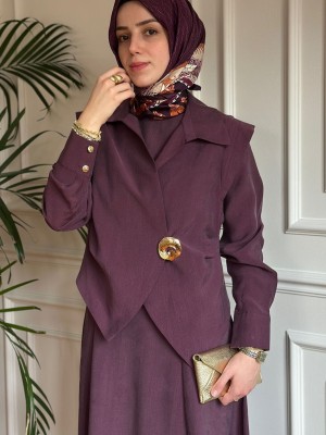 Broş Detaylı Üçlü Takım Mürdüm