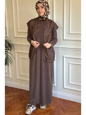 Spor Yelekli Elbise Kahverengi