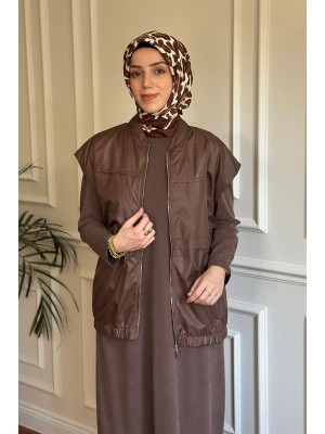 Spor Yelekli Elbise Kahverengi