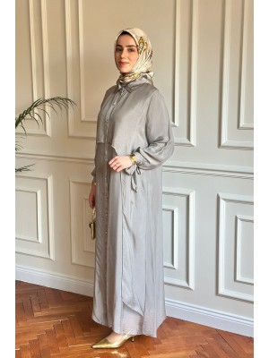 Düğmeli İpek Elbise Gri