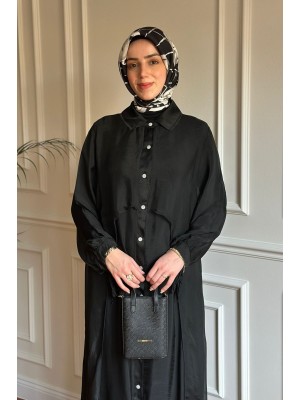 Düğmeli İpek Elbise Siyah
