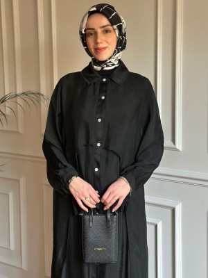 Düğmeli İpek Elbise Siyah