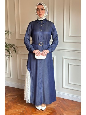 File Detaylı Tensel Elbise & Kap Mavi