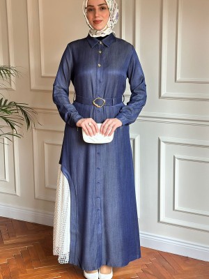 File Detaylı Tensel Elbise & Kap Mavi