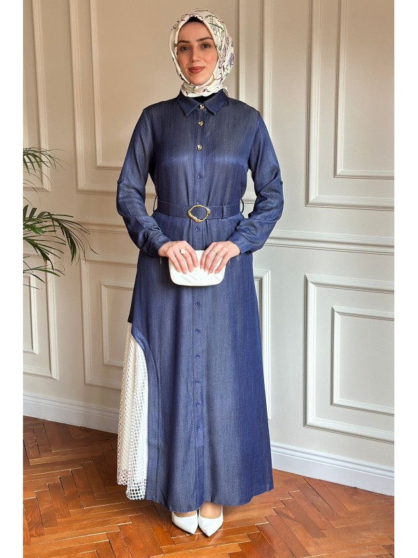 File Detaylı Tensel Elbise & Kap Mavi