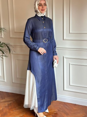 File Detaylı Tensel Elbise & Kap Mavi