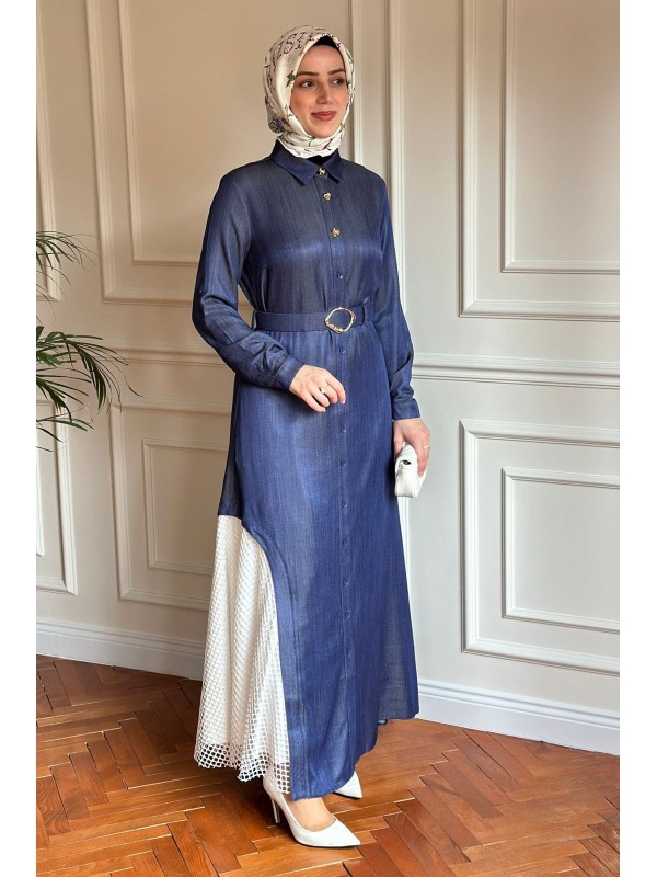 File Detaylı Tensel Elbise & Kap Mavi