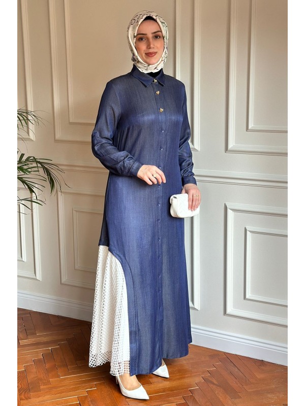 File Detaylı Tensel Elbise & Kap Mavi