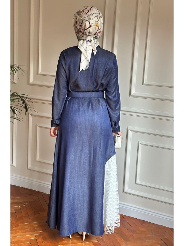 File Detaylı Tensel Elbise & Kap Mavi