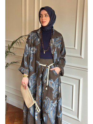 Desenli Keten Takım Kahve / Mavi